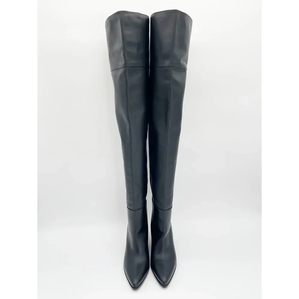 Jimmy Choo Cece 80 Black Pointed Toe Western OTK Block Heeled Boots IT 38.5